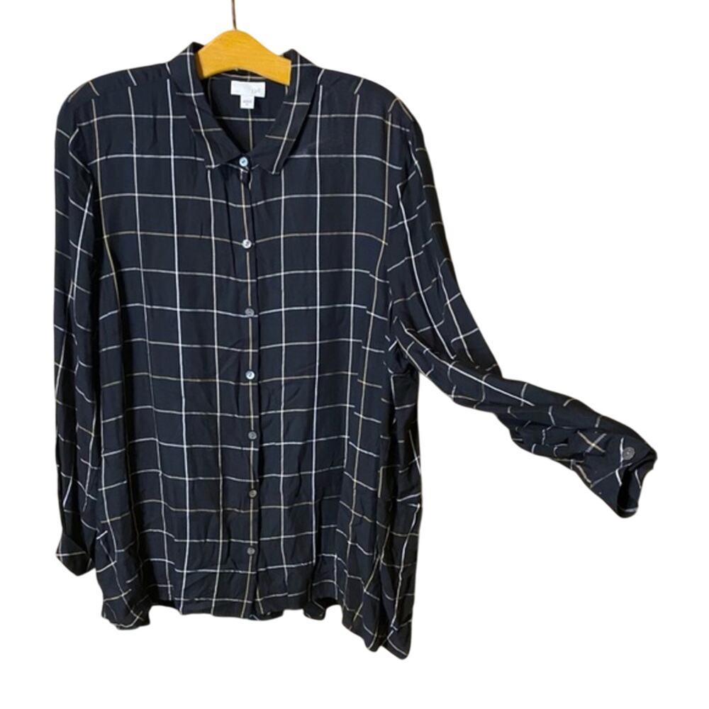 J. Jill Black and Cream Plaid blouse top Shirt XL rayon button front